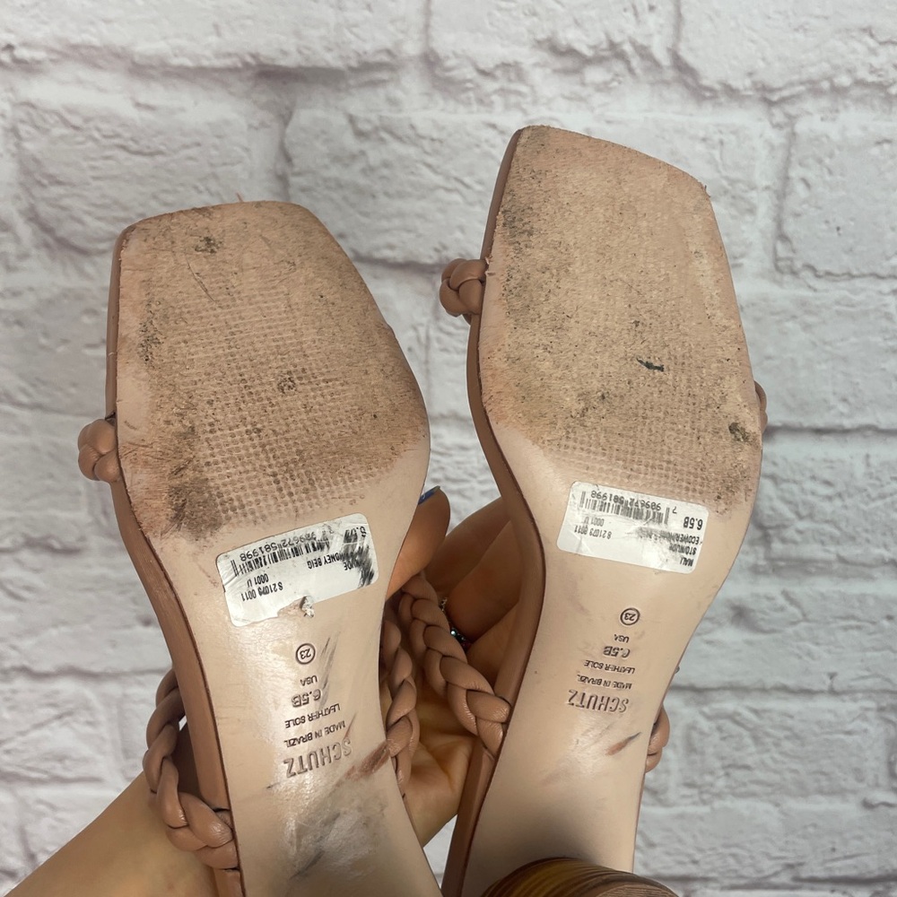 Schutz Tan Nude Braided Block Heel Sandals Size 6.5 - Picture 3 of 5